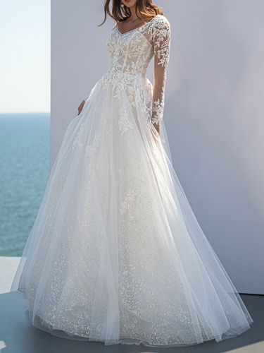 Robe de mariée simple robe mariage col V manche longue à traîne - milanoo.com - Modalova