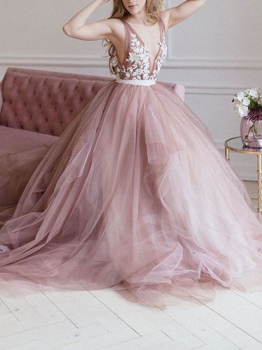 Robe de mariée robe de mariage col V profond zip sur dos à grande traîne - milanoo.com - Modalova
