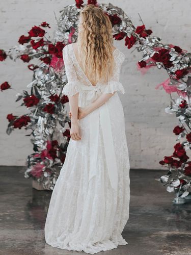 Robe de mariée bohème col V manche courte au sol - milanoo.com - Modalova