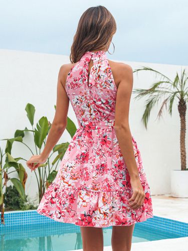 Robe Fleurie Courte Imprimée avec Bretelles avec Épaule Dénudée Coupe Cintrée à Lacets Bas Evasée - milanoo.com - Modalova