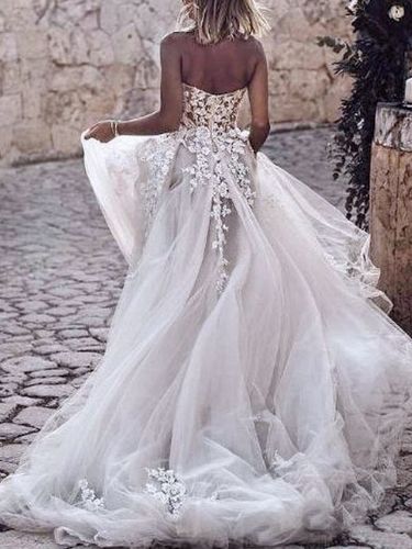 Robe de mariée blanche dos nu en dentelle à traîne robe boho mariage - milanoo.com - Modalova