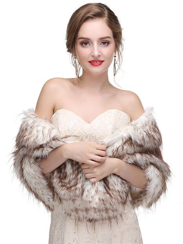 Cape Manteau Poncho Mariage en Fousse Fourrure Synthétique à Col V Taille Haute Bicolores - milanoo.com - Modalova