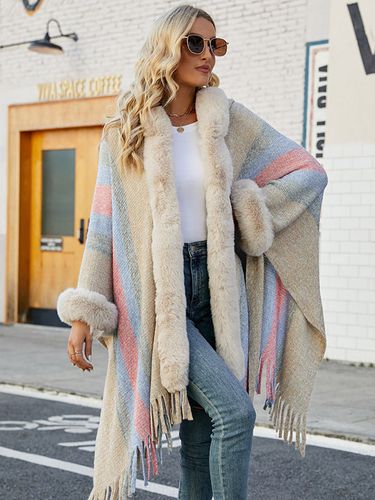 Poncho Rayures Capuche Kaki Frange Cape - milanoo.com - Modalova