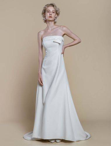 Robe de mariée simple en crêpe extensible avec décolleté sans manches en dentelle robe de bal de 20 cm - milanoo.com - Modalova