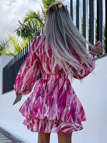 Robe courte imprimée encolure surplis ceinturée manches lanternes mini robes - milanoo.com - Modalova