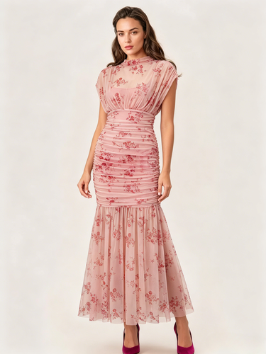 Robe de soirée longue col montant plissée manches courtes imprimée - milanoo.com - Modalova