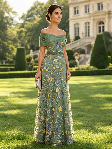 Robe longue de soirée fleurie trapèze épaules dénudées brodée robe de mère de la mariée robe d'invitée de mariage - milanoo.com - Modalova