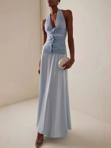 Robe de soirée maxi en satin dos nu décolleté plongeant en V et buste froncé - milanoo.com - Modalova