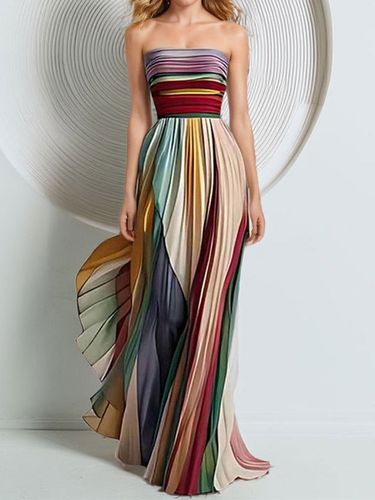 Robe de soirée longue sans bretelles rayée et plissée à rayures colorées sans manches taille haute fluide en mousseline - milanoo.com - Modalova