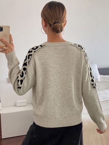 Pull gris clair à col rond manches longues patchwork léopard maille décontractée - milanoo.com - Modalova