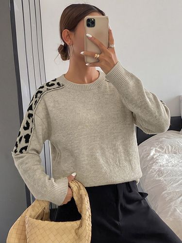 Pull gris clair à col rond manches longues patchwork léopard maille décontractée - milanoo.com - Modalova