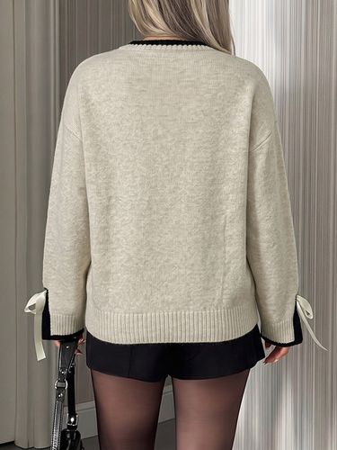 Pull à col rond poignets contrastés et nœud papillon manches longues en maille décontractée - milanoo.com - Modalova