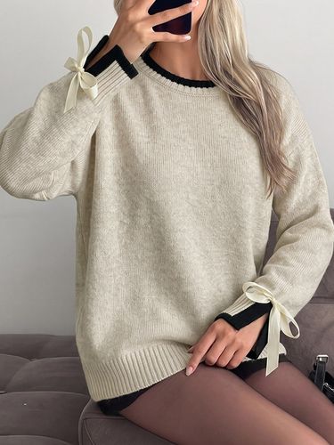 Pull à col rond poignets contrastés et nœud papillon manches longues en maille décontractée - milanoo.com - Modalova