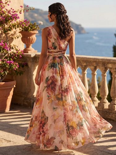 Robe de vacances maxi imprimée à fleurs asymétrique en mousseline fluide ceinturée coupe trapèze - milanoo.com - Modalova