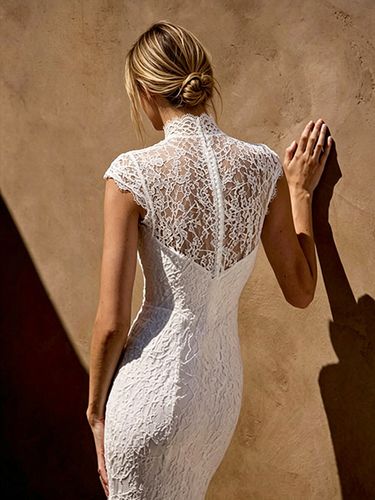 Robes de mariée courtes à taille basque col montant fourreau - milanoo.com - Modalova
