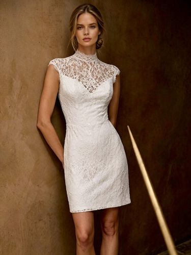 Robes de mariée courtes à taille basque col montant fourreau - milanoo.com - Modalova