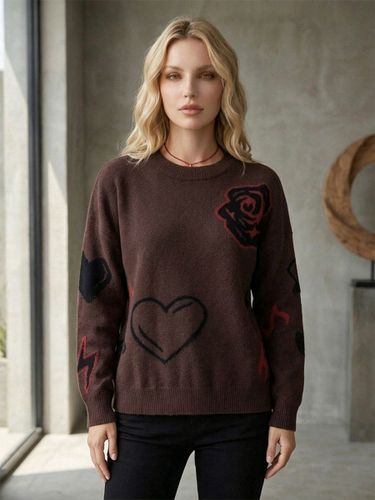 Pull-over oversize à col rond en maille jacquard rose cœur à manches longues - milanoo.com - Modalova