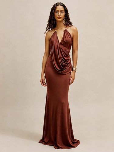 Robe de soirée longue sirène dos nu à décolleté plongeant drapée sur le devant et sans manches - milanoo.com - Modalova