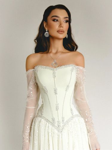 Robe de soirée fourreau à taille basque et col cœur manches longues fermeture éclair plissée à sequins. Robe de soirée formelle - milanoo.com - Modalova