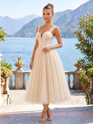 Robe de bal robe de soirée col en V tulle sans manches robe d'invitée de mariage - milanoo.com - Modalova