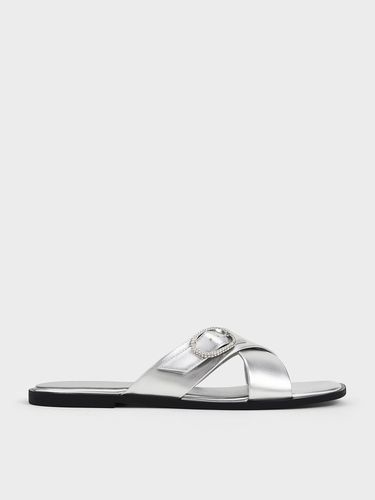 Charles & Keith - Metallic Crystal-Buckle Crossover-Strap Sandals - Charles & Keith - Modalova