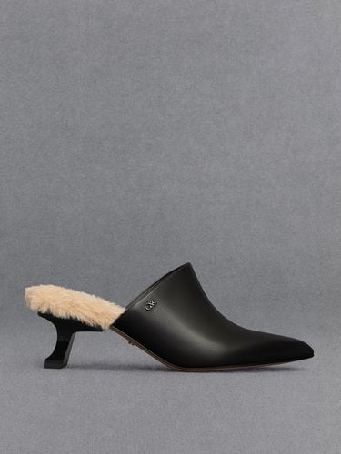 Charles & Keith - Leather Fur-Trim Sculptural-Heel Mules - Charles & Keith - Modalova