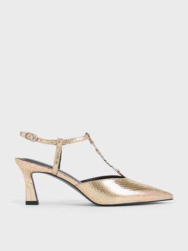 Charles & Keith - Metallic Snake-Effect T-Bar Chain-Link Pointed-Toe Pumps - Charles & Keith - Modalova