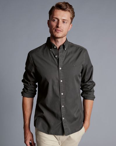 Men's Button-Down Collar Washed Fine Twill Cotton Shirt - Charcoal Black Single Cuff, Large by - Charles Tyrwhitt - Modalova