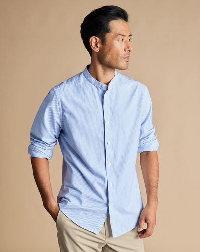 Men's Collarless Stretch Washed Oxford Stripe Cotton Shirt - Ocean Single Cuff, Large by - Charles Tyrwhitt - Modalova