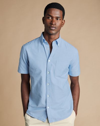 Men's Button-Down Collar Stretch Washed Oxford Short Sleeve Cotton Shirt - Sky Single Cuff, Large by - Charles Tyrwhitt - Modalova
