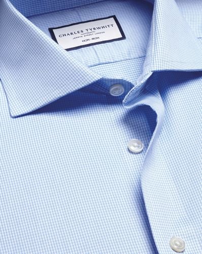 Men's Cutaway Collar Non-Iron Puppytooth Cotton Formal Shirt - Sky Single Cuff, Small by - Charles Tyrwhitt - Modalova