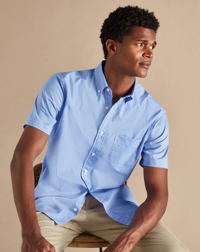 Men's Button-Down Collar Non-Iron Stretch Mini Gingham Short Sleeve Cotton Shirt - Ocean Single Cuff, Large by - Charles Tyrwhitt - Modalova