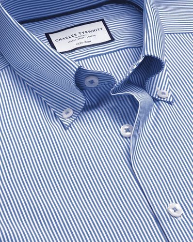 Men's Button-Down Collar Non-Iron Stripe Oxford Cotton Formal Shirt - Cobalt Single Cuff, Medium by - Charles Tyrwhitt - Modalova