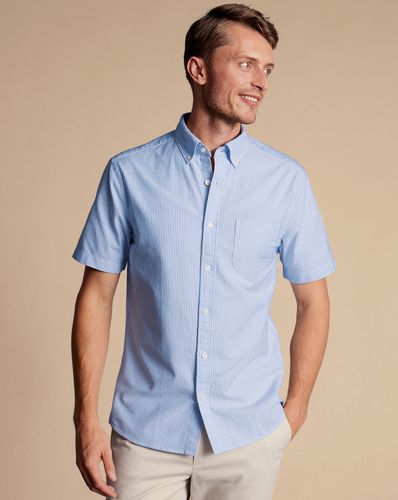 Men's Button-Down Collar Stretch Washed Oxford Stripe Short Sleeve Cotton Shirt - Ocean Single Cuff, Large by - Charles Tyrwhitt - Modalova