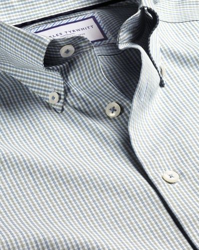 Men's Button-Down Collar Non-Iron Oxford Twin Checkered Cotton Formal Shirt - Olive Single Cuff, Small by - Charles Tyrwhitt - Modalova