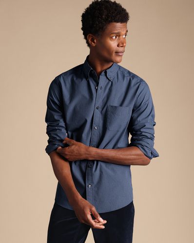 Men's Button-Down Collar Non-Iron Stretch Poplin Mini Gingham Cotton Shirt - Indigo Single Cuff, Large by - Charles Tyrwhitt - Modalova