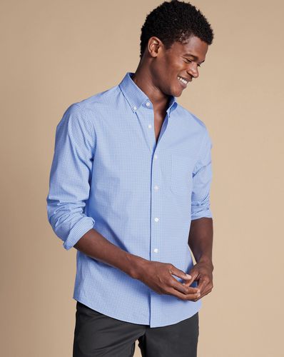Men's Button-Down Collar Non-Iron Stretch Poplin Mini Gingham Checkered Cotton Shirt - Ocean Single Cuff, Large by - Charles Tyrwhitt - Modalova