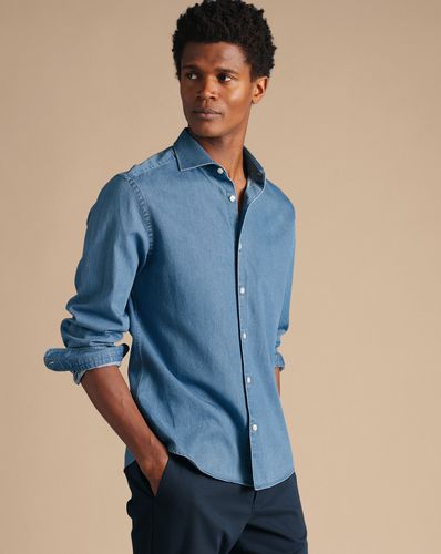 Men's Cutaway Collar Denim Cotton Shirt - Ocean Single Cuff, Large by - Charles Tyrwhitt - Modalova