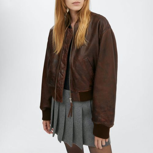 Brown Leather Bomber Jacket - Mango - Modalova