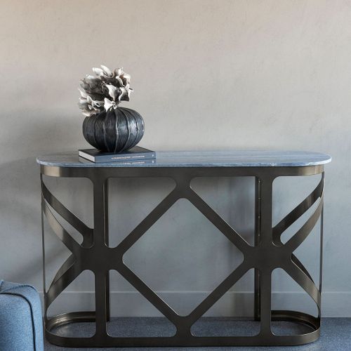 Metropolitan Console Table Metallic Black Nickel Finish with Grey Marble Top - The Libra Company - Modalova