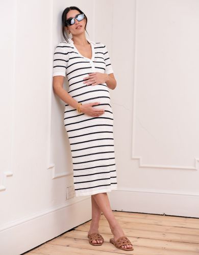 Crochet-Look Striped Collar Midi Maternity and Nursing Dress - Seraphine - Modalova