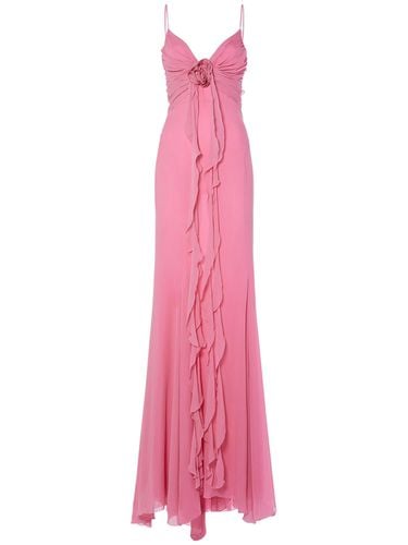 Ruffled Silk Long Dress W/rose - BLUMARINE - Modalova