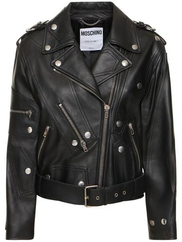 Leather Belted Jacket W/ Zip Details - MOSCHINO - Modalova