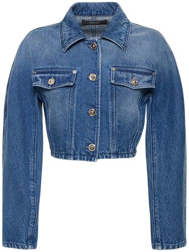 Cropped Denim Jacket W/logo Buttons - VERSACE - Modalova