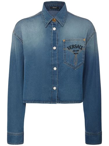 Logo Cropped Denim Overshirt - VERSACE - Modalova