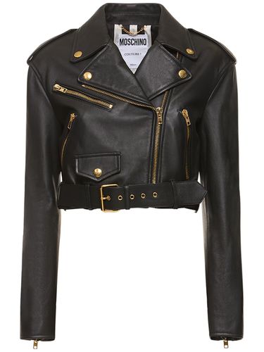 Belted Leather Cropped Logo Jacket - MOSCHINO - Modalova