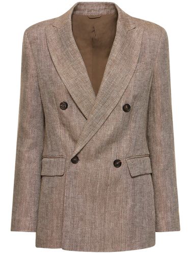 Linen Herringbone Double Breasted Jacket - BRUNELLO CUCINELLI - Modalova