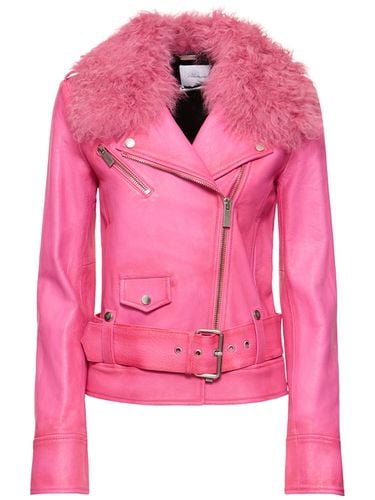 Belted Leather Jacket W/ Fur Collar - BLUMARINE - Modalova