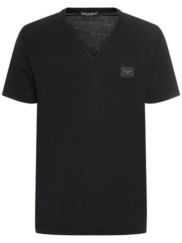 Logo Plaque Cotton V-neck T-shirt - DOLCE & GABBANA - Modalova