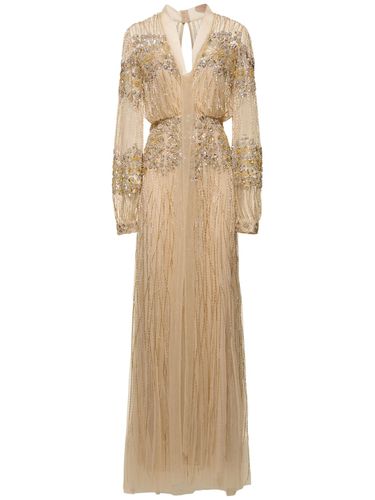 Embellished Tulle V Neck Long Dress - ZUHAIR MURAD - Modalova